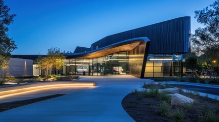 Fototapeta premium Modern building with a curved facade and glass entryway at dusk.