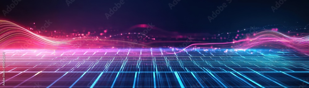 Poster Abstract waveforms of light overlaying a tech grid, transitioning from sharp to smooth, Digital, SciFi, HighDefinition, Glowing Transitions