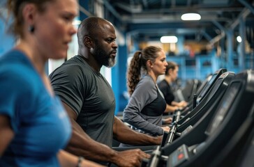 A diverse group of people can be seen riding treadmills in a gym