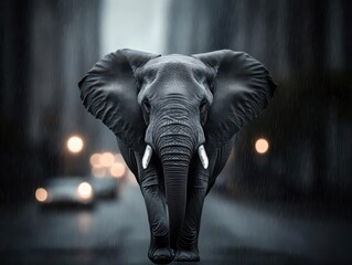 An elephant walking through a rainy city street, illuminated by streetlights and car headlights, Noir, Black and white, Gritty