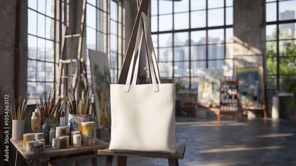 Aufkleber a simple, empty tote bag hangs in a spacious artist studio filled with natural light. nearby, a tabl