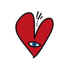 Magical boho sacred heart with Nazar blue eye, love peace Valentine freedom symbol concept, hand-drawn editable saint amulet isolated on white background, vector clipart illustration.