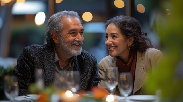 Middle-aged Middle Eastern couple enjoying a romantic dinner in a cozy restaurant at night - Powered by Adobe