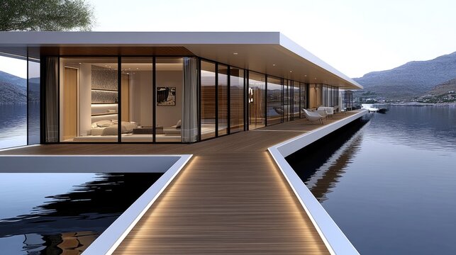 A serene yacht deck featuring glass walls offers breathtaking views of the sea in bright daylight, embodying a minimalist design