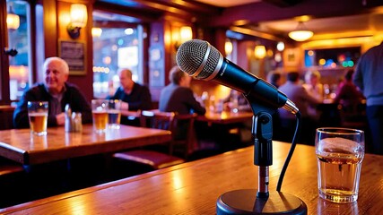 Microphone in Cozy Pub Setting for Live Performance and Events