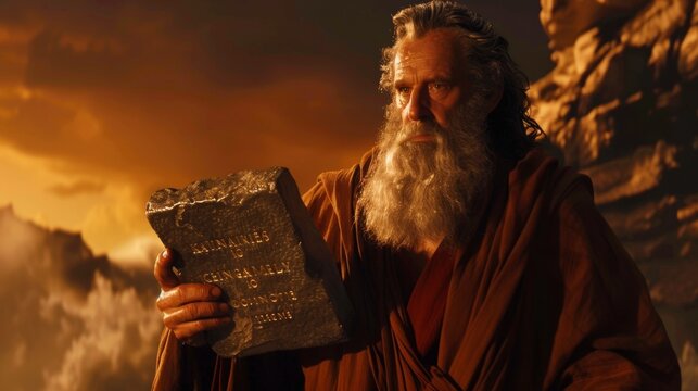 Moses carries stone tablets with the Ten Commandments inscribed on them