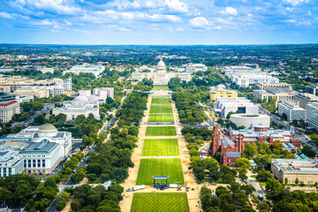 Washington DC cityscape aerial panoramic view, US Capitol and the mall view