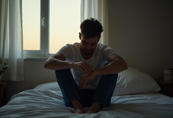man sits alone bed morning feeling depressed