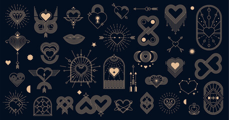 Golden boho Valentine symbols, celestial and mystic icons with esoteric elements, line vector. Boho love hearts, cupid arrows and stars, diamond gem, sun and Tarot keylock in celestial constellation