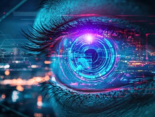 Obraz premium Closeup of a cybernetic eye with a holographic interface, neon blue and purple glow, futuristic cityscape background, cyberpunk style, high detail