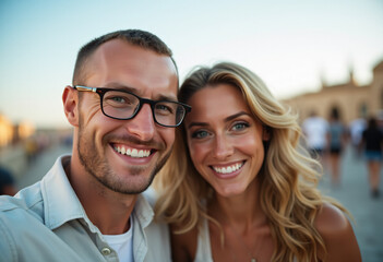 young couple takes fun photo together traveling abroad