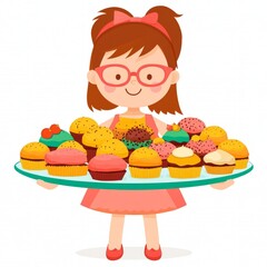 A girl holding a large platter of colorful cupcakes, smiling happily.