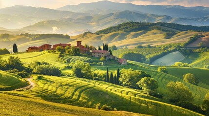 Obraz premium Serene countryside with rolling hills and a quaint village, illustrating the pastoral and idyllic landscapes of Earth