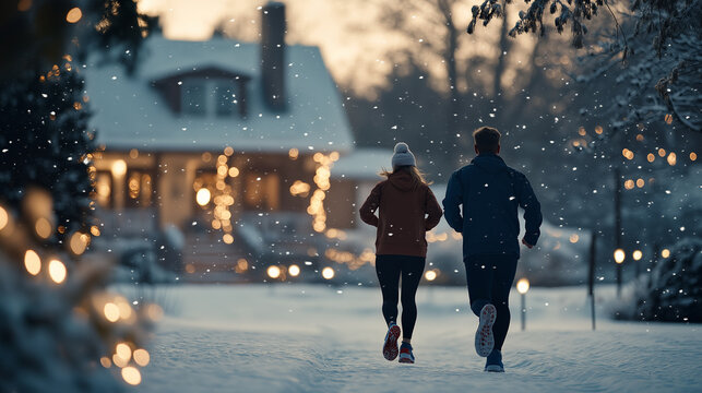 Enthusiastic Runners Enjoy a Winter Jog Through a Snowy Neighborhood Adorned With Festive Lights