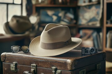 Vintage Fedora on Trunk with Sunglasses and Camera in Rustic Room