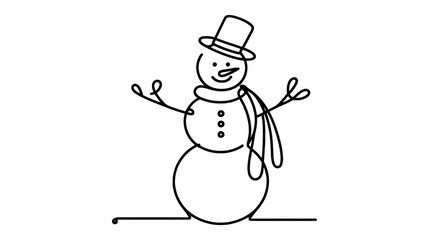 One continuous line illustration of a snowman, isolated on white background.