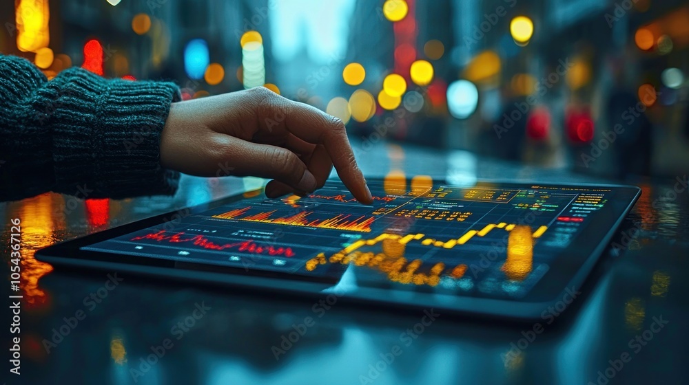 Poster A Finger Interacting with a Tablet Displaying Financial Data in a Blurred Cityscape Background