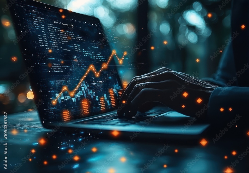 Aufkleber Hands Typing on Laptop with Upward Trending Graph and Data Displayed on Screen