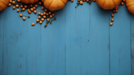 Bright autumn backdrop with pumpkins and maple leaves on a vibrant blue wooden surface, fall-themed designs, evoking warmth and seasonal charm with contrasting colors