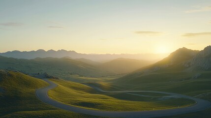 Fototapeta premium Scenic view of winding road through lush green hills at sunset in a mountainous region