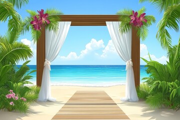 Tropical beach wedding setup with floral archway wooden deck and palm trees providing an idyllic scene for a serene romantic outdoor ceremony by the ocean