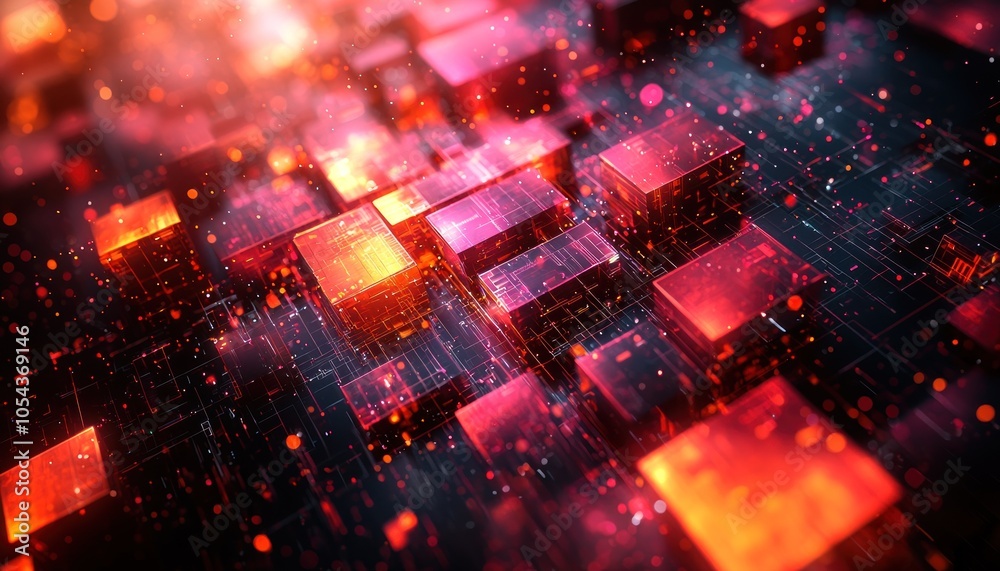 Aufkleber abstract red and orange geometric shapes with glowing lines and specks