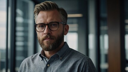 Fototapeta premium A thoughtful man with glasses and a beard gazes pensively out of a modern office window during a quiet afternoon