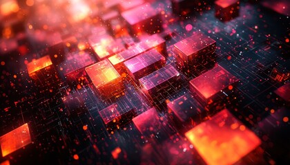 Fototapeta premium Abstract Red and Orange Geometric Shapes with Glowing Lines and Specks