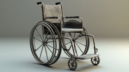 Fototapeta premium A silver wheelchair with black accents on a grey background.