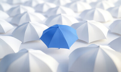 One blue umbrella standing out from the crowd of white umbrellas on a light background with copy space. This is a business concept for a born masterpiece. 