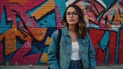 Fototapeta premium Young woman wearing glasses casually poses in front of colorful street art in an urban setting during the afternoon