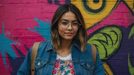 Fototapeta premium A young woman with glasses poses in front of a vibrant graffiti wall adorned with colorful floral and tropical designs in an urban environment