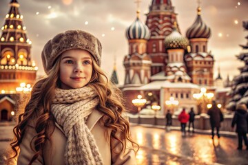 Portrait of a little girl in a warm jacket and hat walking through the winter streets of the city,...