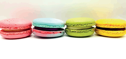 Delicious macaroon cakes isolated. Bright macarons vector background. Sweet background. Multi-colored round cookies and cakes. Bright background.