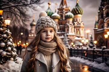 Portrait of a little girl in a warm jacket and hat walking through the winter streets of the city,...