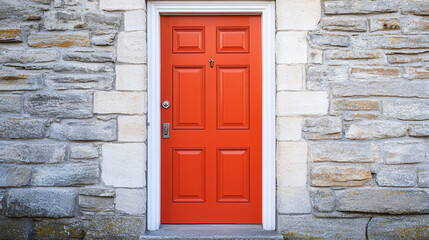 Red Wooden Door Entrance in Stone Wall Building Facade
