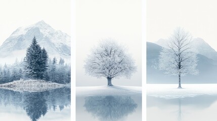 Tranquil Winter Landscapes: Snow-Covered Trees and Reflective Lakes