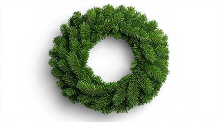 A photostock of a Christmas wreath made of green pine branches, isolated on a white background.