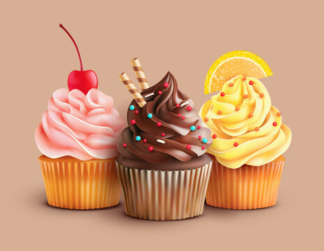 Composition with cherry, chocolate and lemon cupcakes. Vector illustration.