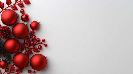 A photostock of a Merry Christmas message surrounded by red baubles, on a white background.