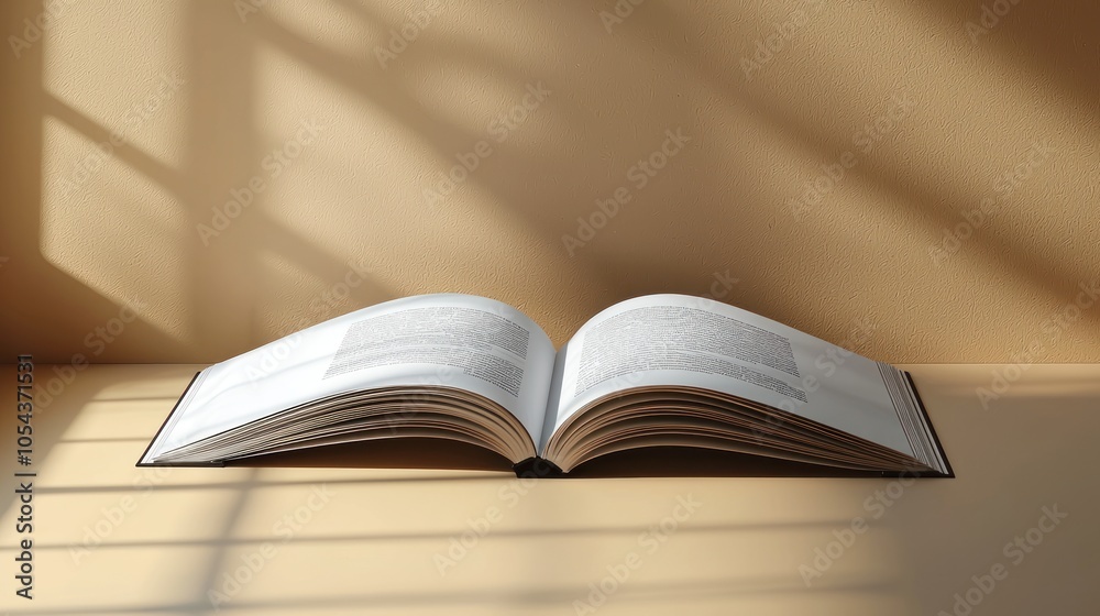 Poster open book on beige surface with window light