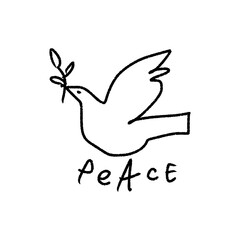 Childish pencil schematic primitive dove bird drawing, baby style stylized pigeon, simple isolated clip-art, peace and live peaceful pacific kindness concept