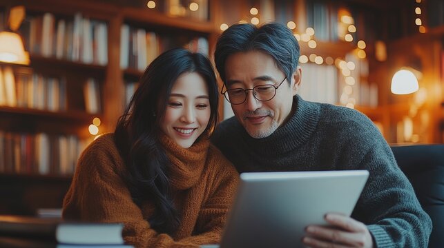Middle-aged Asian couple collaborates on project using tablet in cozy library setting during evening
