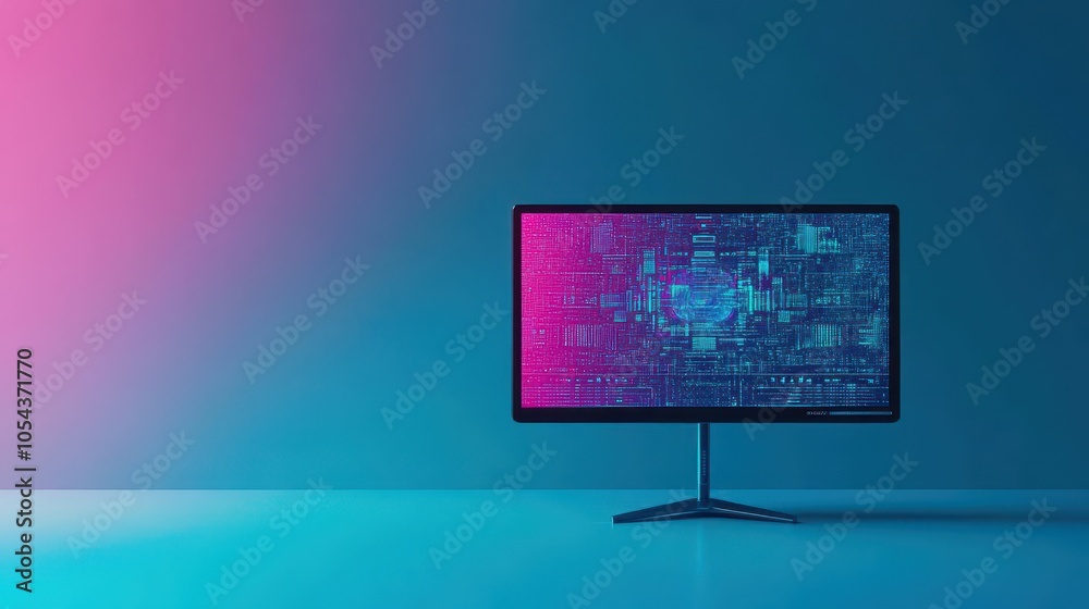 Leinwandbilder Futuristic monitor with holographic display flat design front view cyberpunk theme 3D render Complementary Color Scheme