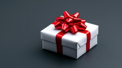 Fototapeta premium A photostock of a gift box wrapped in white with a red bow, on a plain background.