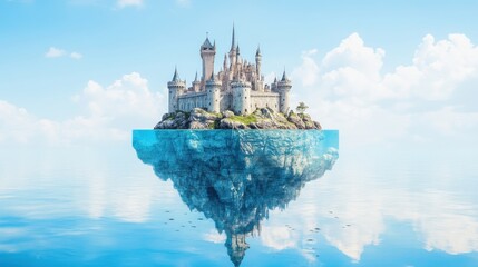 A majestic castle perched on an isolated island, reflecting beautifully in the serene waters under a bright blue sky