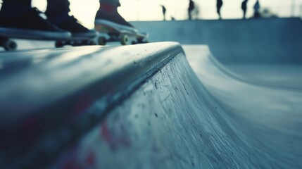 A detailed shot of a steep ramp with a group of skaters using it to practice their vert tricks.