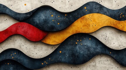 Obraz premium Abstract Wavy Pattern with Yellow, Red, and Blue Stripes on a Grey Concrete Background