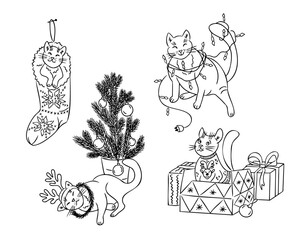 Funny contour doodle cats with Christmas tree and decorations. Vector hand drawn lights, gifts, sock and cats isolated on white background. Childish composition for coloring pages, stickers