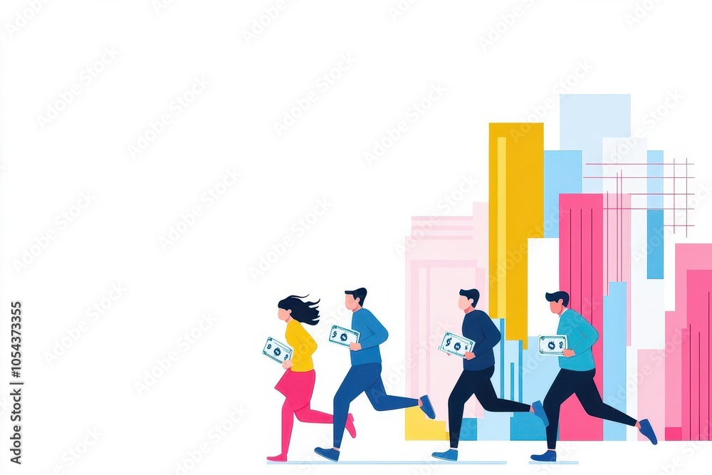 Poster group of people running towards money flat design front view investment theme cartoon drawing triadi